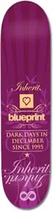Blueprint Cursive Merlo skateboard deck: A purple deck with cursive Inherit script, a peach heart logo with the blueprint wordmark, and a slogan about dark days in December since 1995. Ornate flourishes and an infinity symbol finish the lower end.