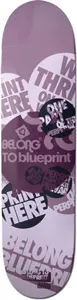 Blueprint Slogan Belong Purp skateboard deck: Mauve and purple deck covered in overlapping round stickers and bold text such as Belong to Blueprint and Print Here, in white and dark circles.