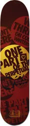 Blueprint Sloga Onepart skateboard deck: Dark red deck covered in overlapping round badges and stickers with bold slogan text. A large yellow badge at the centre reads One Part of the Perpetual, with a heart in a box, and a small logo at the tail.