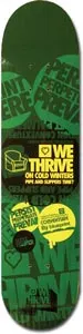 Blueprint Slogan Palmer skateboard deck: Dark green deck covered with overlapping slogan stickers and badges in green, yellow and black, with 'We Thrive on cold winters' and 'Persist Perpetuate Prevail' text and a small armchair icon.