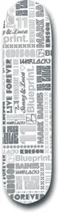 Blueprint Beloved Baines skateboard deck: All-over typographic collage of grey and white lettering reading Blueprint, Mark Baines, Edison, Warlocks, Live Forever, Sonny & Luca and 11, in many different type styles.