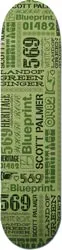 Blueprint Beloved Palmer skateboard deck: All-over typographic collage of mixed fonts in dark and light green, with large numerals and names including Scott Palmer and Blueprint, and a small emblem near the top right.