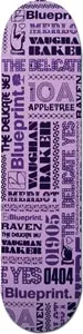 Blueprint Beloved Baker skateboard deck: All-over typographic collage of mixed fonts in dark purple on lilac, with names and numbers including Vaughan Baker, The Delicate Yes, Merlot and Blueprint, and a pointing-hand emblem.