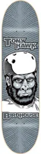 Birdhouse Hawk Ape skateboard deck: Illustration of a gorilla's face wearing a white skate helmet, drawn in monochrome on a blue-grey background with radiating lines. Tony Hawk and Birdhouse logos are in outlined block lettering above and below.