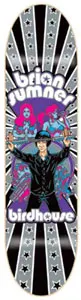 Birdhouse Sumner-Boss skateboard deck: Man in black hat and coat holding a guitar above his head in front of two pink and blue women, on a grey and black sunburst with stars. Rider name and Birdhouse logo are in white bubble lettering.