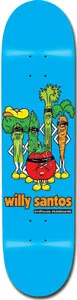 Birdhouse Santos Vegtable skateboard deck: Cartoon vegetables in black masks, with a broccoli, celery, carrot and a tomato at the front, standing on a bright blue background. The rider name appears in orange below.