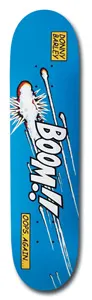 Birdhouse Barley Oops Again skateboard deck: A comic-book style explosion with the word BOOM!! in white across a blue deck, a missile streaking in with white trails, and two yellow caption boxes carrying the rider name and a pun.
