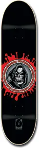 Flip Penny Sorry skateboard deck: Hooded grim reaper skull inside a grey circular badge ringed with small text, set over a red paint splat on a black deck. A small Flip logo sits near the tail.