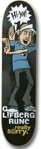 Flip Glifberg Sorry skateboard deck: Cartoon skater in a white visor and blue shirt performing a karate-chop pose with a 'Hi-ya!' speech bubble, on a dark grey deck, with Glifberg Rune name and 'really sorry.' logo below.