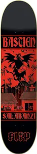 Flip Salab Hellswrath skateboard deck: Red and black woodcut-style illustration of a winged horned devil carrying a barrel over a village of rooftops, with small demons around, under 'Bastien' and over 'Salabanzi' and the Flip logo in gothic lettering.