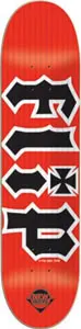 Flip Hkd Newave Red skateboard deck: Flip name in large black blackletter lettering with white outline, stacked vertically on red, with a small iron cross as the dot, and a New Wave diamond logo at the tail.