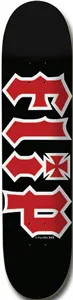 Flip Hkd Blk....not Nuwave skateboard deck: Flip logo in red gothic block letters with white outline, with an Iron Cross in place of the dot of the I, on a plain black deck.