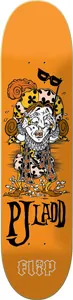 Flip Ladd Stressin skateboard deck: Cartoon jester in a spotted ruff and costume with a half mask on a stick, shown crying or dripping, on an orange deck. PJ Ladd in black hand-drawn lettering above the Flip logo.