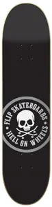 Flip Hellonwheels skateboard deck: A round badge in the centre of a black deck, with a white skull above crossed skateboards inside a grey ring carrying the brand name and slogan around the edge.