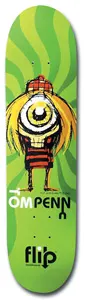 Flip Penny Lynchmob skateboard deck: Cartoon one-eyed character with long blonde hair, a plaid cap and a striped jumper, standing against a green swirling sunburst background. The rider's name runs across the lower part with the brand logo beneath.