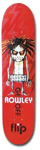 Flip Rowley Fire Brim skateboard deck: Cartoon skeletal figure with spiky orange and black hair and orange eyes, wearing shorts, on a red deck with faint lightning bolts. The rider's name is printed vertically and across the lower body, with the brand logo below.