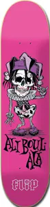 Flip Boulala Joker skateboard deck: A skeletal jester in a purple jester hat and ruff with a clown face grins and gestures, above black gothic-style Ali Boulala lettering and the Flip logo, on a hot pink deck.