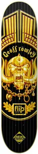 Flip Rowley Motorhead skateboard deck: Golden metal-style skull emblem with horns, tusks and a chain, inspired by a heavy-metal band mascot, under a gold grille pattern on a black striped deck. 'Geoff Rowley' in gold gothic lettering above a Flip logo and New Wave badge.