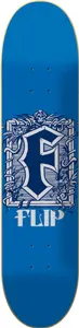 Flip Cryptic Logo skateboard deck: Large blackletter 'F' in navy and white inside an ornate decorative frame of scrolls and foliage, with 'FLIP' beneath, on a plain blue deck.