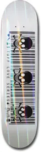Death Skateboards Tufflove Wht skateboard deck: Silvery white deck with a black barcode crossed by three skulls and crossbones. Reads 'Tuff Love Series' with a small Death logo, and a rainbow holographic sheen.