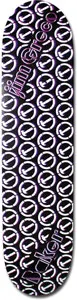 Baker Greco Quikhammers skateboard deck: Repeating all-over pattern of white circular logos with a check-mark style slash on a black ground, with a purple tint. The rider's signature runs up the top and the Baker name in script sits at the bottom.