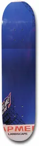 Landscape Skyline skateboard deck: A photographic graphic of a deep blue dusk sky with a rooftop neon sign and steel scaffold structure in the lower left corner. A red and white strip with partial lettering runs across the tail.