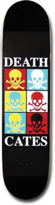 Death Skateboards Cates Warhol skateboard deck: Black deck with a two-by-three grid of pop-art style skull and crossbones tiles in yellow, white, blue, red and black on contrasting coloured squares, with bold white serif lettering above and below the grid.