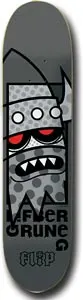 Flip Glifberg Popart skateboard deck: Cartoon grey monster with three white eyes, red pupils and sharp teeth, built in dotted grey blocks, on a grey deck. Rider's name stacked in black lettering beneath with the Flip logo.