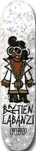 Flip Salabanzi Stardust skateboard deck: A cartoon figure in white sunglasses and a white suit with a large gold chain and B medallion, standing on a white deck with a silvery glitter pattern, with the rider name in hand-lettered text and Flip logo below.