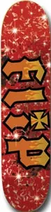 Flip Team Stardust skateboard deck: Flip logo in orange flame-filled gothic lettering with a Maltese-style cross as the dot of the i, over a red deck covered in glittering sparkles and shards.