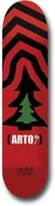 Flip Saari Iconic skateboard deck: Red deck with black chevron stripes radiating from a black pine tree silhouette with a green centre. Rider name in brackets with a small axe, Flip logo at the tail.