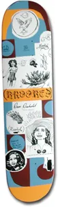 Krooked Drehobl Angie skateboard deck: Scrapbook collage of black line drawings, a pin-up woman, a woman in a wide hat, a bird in a circle, cacti and a portrait, on blue, orange and maroon blocks, with the Krooked logo in an orange oval across the middle.