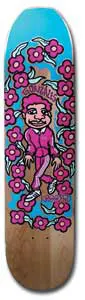Krooked Sweatpants Napkin skateboard deck: Cartoon man in a pink tracksuit and white trainers, standing and smiling, surrounded by pink flowers with green leaves on a blue background over bare wood. Name lettering across the top.