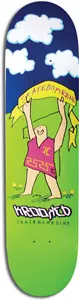 Krooked Team Banner skateboard deck: Childlike drawing of a smiling figure in a pink tunic holding up a yellow banner reading SKATEBOARDING, on a green hill under a dark blue sky with white clouds. Krooked name at the bottom.