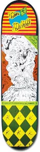 Krooked Dreh Volcano skateboard deck: Collage deck with a yellow and red striped band at the top bearing handwritten text, a large black and white drawing of an erupting volcano or smoke plume on an orange ground, and a green and yellow diamond harlequin pattern with K marks at the bottom.