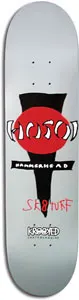 Krooked Hosoi Sk8tuff Gry skateboard deck: Grey deck with a red circle on a black downward-pointing wedge, carrying a Hosoi-style logo with 'Hammerhead' beneath, and red handwritten 'Sk8tuff'. Krooked logo at the bottom.