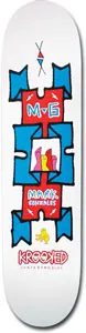 Krooked Gonz Banner skateboard deck: A red central panel with blue puzzle-like banner shapes forms a vertical totem, with the initials M-G, a small pink and yellow figure in a window and a small yellow figure below. Krooked logo at the bottom on white.