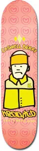 Krooked Berry Guest skateboard deck: A crude cartoon figure in a yellow cap and yellow jacket with a glum face, with the rider name above and Krooked lettering below, on a pink ground patterned with outlined hearts.