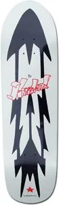 Krooked Arrow Old Skool skateboard deck: Large dark navy arrow-like shape with jagged spikes down a pale grey-white shaped deck, with red Krooked brush-style lettering across the middle and a small red star at the tail.