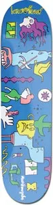 Krooked Wildhair skateboard deck: Blue deck covered with scattered abstract cartoon shapes and creatures in bright flat colours, including a purple hair-like figure, a toothy mouth, hands, a yellow figure and a green plant. Krooked scrawled at the top.