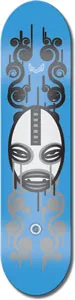 Unabomber Giw Blu/Wht skateboard deck: A white tribal-style mask face with slit eyes and a grinning mouth, framed by grey scrolling curls and drips, on a bright blue deck. Smaller grey swirls repeat below the face.