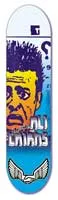 Unabomber Cairns skateboard deck: A drawn, stylised face of a worried man with spiky blue hair and orange skin, a question mark beside it, and a pair of white wings at the base, on a blue gradient background.