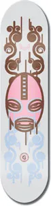 Unabomber Giw Gry/Pnk skateboard deck: Pale grey deck with a symmetrical design: a pink and blue wrestler-style mask with stylised eyes and mouth, framed by brown scrolling swirls above and pale blue swirls below. A small circular G logo sits underneath.