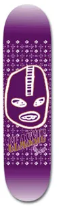 Unabomber Gimp Class skateboard deck: Purple deck with a large masked wrestler-style face in white outline, a repeating diamond pattern behind it and Classic lettering in gold across the lower half.