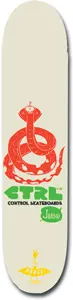 Control Peace Jassu Shop skateboard deck: A coiled red cobra-style snake drawn in simple lines on a cream deck, above a green CTRL logo, the words Control Skateboards, a small green badge and a small yellow peace emblem near the tail.