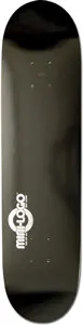Powell Peralta Mini Logo skateboard deck: A plain glossy black deck with a small silver-white Mini Logo roundel and wordmark near the tail, running vertically. No other graphic.