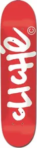 Cliché Handwritten Red skateboard deck: A bold white hand-written Cliché logo set sideways down a flat red deck, with a circled C mark at the upper right.