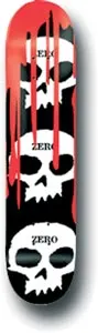 Zero 3-Skulls W/Blood skateboard deck: Three stacked white skulls each with the brand name on the forehead, on a black deck, with red blood drips running down from the top over the upper skulls.