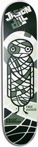 Alien Workshop Dill Freerange skateboard deck: A bandage-wrapped mummy-like owl figure made of dark green outlines and white shapes stands on a pale green circular backdrop, with the rider name in blocky letters at the top and Free Range and the Alien Workshop logo near the bottom.