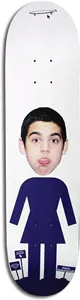 Girl Rodriguez Head skateboard deck: White deck with a photographic portrait of a young man pulling a face, his head placed on the body of the navy Girl logo figure, with small signs at its feet and a tiny skateboard at the top.